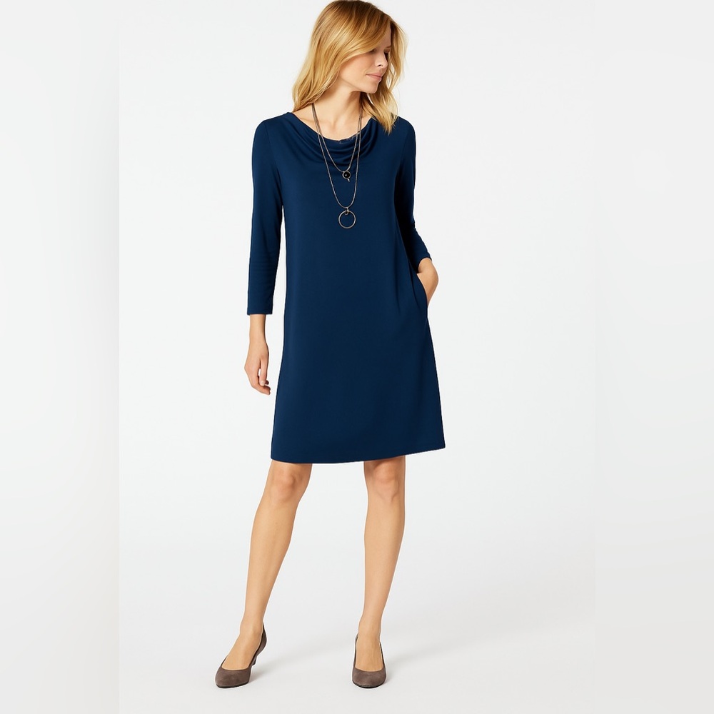 J Jill Ponte Blue Front Pockets 3/4 Length Sleeve Viscose Midi Dress Sz M EUC